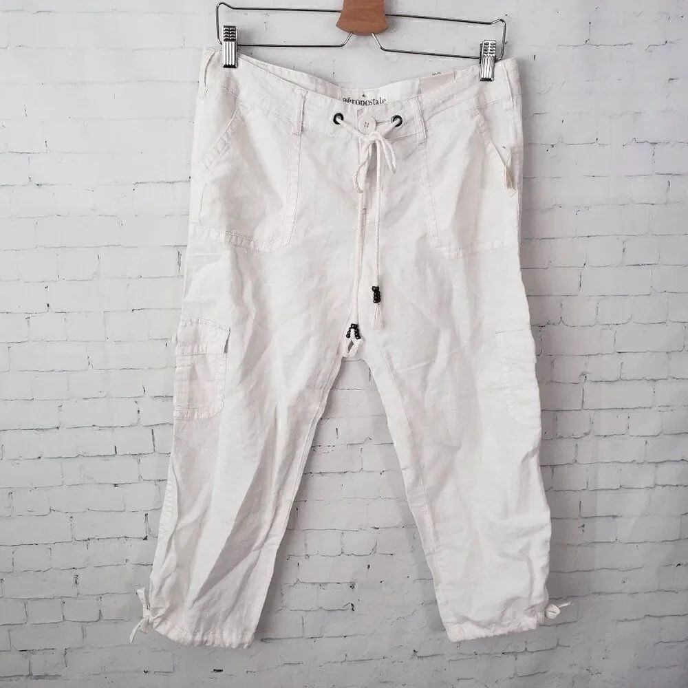 Aeropostale Y2K Cropped Linen Pants Size 9 / 10 White Low Rise NEW Deadstock